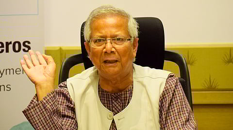 Bangladesh's interim leader Muhammad Yunus addresses the media.