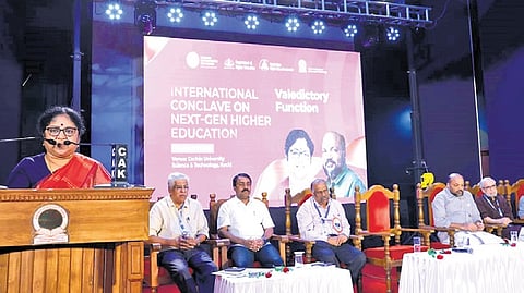 Higher Education Minister R Bindu speaking at the closing ceremony of International Conclave on Next-gen Higher Education at Cusat on Wednesday.