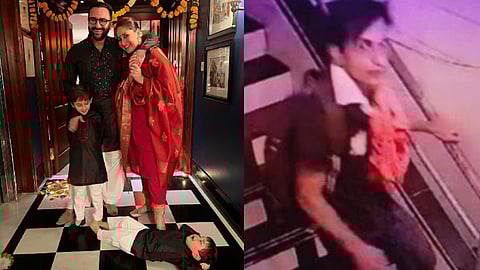 Actor Saif Ali Khan with his wife actress Kareena Kapoor Khan and two sons ( L),  A CCTV screengrab of the alleged attacker (R)