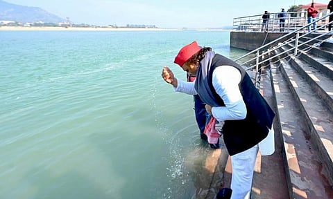 Samajwadi Party National President Akhilesh Yadav during the immersion of the ashes of his uncle Rajpal Singh Yadav in the Ganga river, at Namami Ghat in Haridwar. 