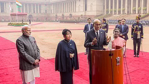 President Droupadi Murmu and Prime Minister Narendra Modi look on as Singapore's President Tharman Shanmugaratnam speaks to the media after his ceremonial reception at the Rashtrapati Bhavan, in New Delhi, Thursday, Jan. 16, 2025. Singapore's First Lady Jane Yumiko Ittogi is also seen.