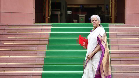 In this photo from July 23, 2024, Union Finance Minister Nirmala Sitharaman with the Budget tablet arrives at the Parliament to present the Union Budget 2024-25.