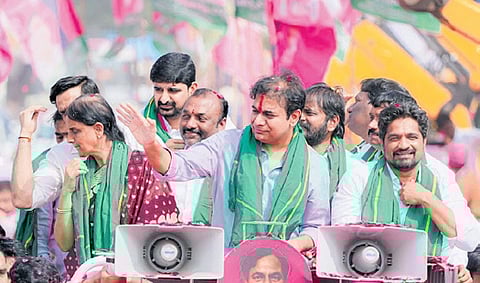 BRS working president KT Rama Rao takes part in Rythu Maha Dharna in Chevella