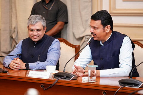 Railways Minister Ashwini Vaishnaw with Maharashtra Chief Minister Devendra Fadnavis during a meeting regarding the 'Integration of Ticketing Services', in Mumbai.