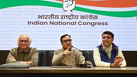 Congress leaders Ajay Maken (C), Jairam Ramesh (L), and Pawan Khera (R) during a press conference, in New Delhi, Saturday, Jan. 18, 2025.