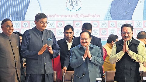 BJP National General Secretary JP Nadda with other senior party leaders at the release of BJP manidesto.