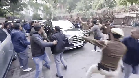 The AAP claimed that a stone was thrown at former Delhi CM Arvind Kejriwal's vehicle on Saturday.
