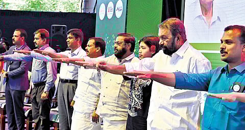 Education Minister V Sivankutty, MLAs Kadakampally Surendran, V K Prasanth and district panchayat president Â  D Suresh Kumar taking oath in Suchitwa Mission’s International Sanitation Summit at Kanakakkunnu on Saturday