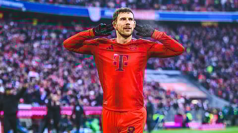 Munich's Leon Goretzka celebrates after scoring the opening goal during the German Bundesliga soccer match between FC Bayern Munich and VfL Wolfsburg in Munich.