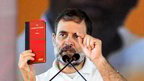 Leader of Opposition in the Lok Sabha and Congress leader Rahul Gandhi addresses the gathering during 'Karyakarta Sammelan', in Patna on Saturday.