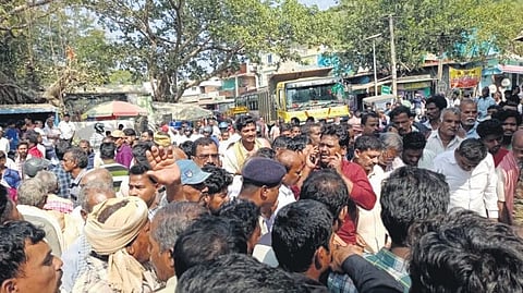 Irate farmers staging road blockade at Upalada on Saturday 