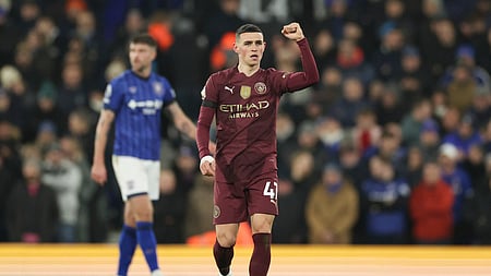 Manchester City's Phil Foden seen celebrating scoring his side's opening goal during the English Premier League tie against Ipswich.