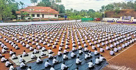 Participants at the RSS south Kerala student workers’ sanghik at Parama Bhattara Kendriya Vidyalayam in Vadayambady near Perumbavoor, Kochi, on Sunday