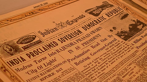 Indian Express newspaper dated January 28, 1950 that Georgekutty  had put for display.