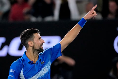 Novak Djokovic of Serbia gestures during his quarterfinal match against Carlos Alcaraz of Spain at the Australian Open in Melbourne (Photo | AP)