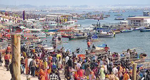 Devotees at Sangam during the Maha Kumbh Mela in Prayagraj on Tuesday.