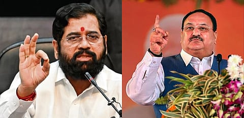Former chief minister of Maharashtra Eknath Shinde(L), BJP national President JP Nadda (R).