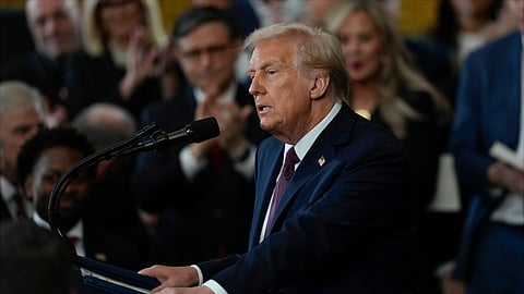 President Donald Trump gives his inaugural address during the 60th Presidential Inauguration in the Rotunda of the U.S. Capitol in Washington, Monday, Jan. 20, 2025.