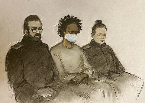 In this court artist sketch by Elizabeth Cook, Southport stabbings suspect Axel Rudakubana appears on the first day of his trial at Liverpool Crown Court, Monday, Jan 20, 2025.