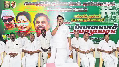 AIADMK general secretary Edappadi K Palaniswami addressing the party cadre at Omalaur in Salem on Tuesday