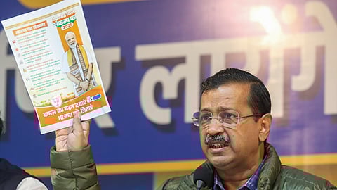 AAP national convener Arvind Kejriwal addresses a press conference, in New Delhi