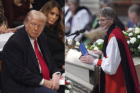 A Palestinian stands beside a trick that was torched in an attack by suspected Israeli settlers in the West Bank village of Jinsafut, Tuesday, Jan. 21, 2025.