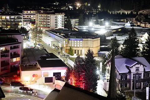 The Congress Center where the Annual Meeting of the World Economy Forum takes place is illuminated in Davos, Switzerland, Sunday, Jan 19, 2025.