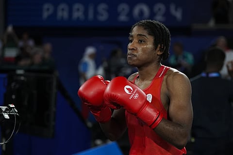 Refugee Olympic Team’s Cindy Ngamba prepares to fight Panama’s Atheyna Bylon in their women’s 75 kg semifinal boxing match at the 2024 Summer Olympics, Thursday, Aug. 8, 2024, in Paris, France.