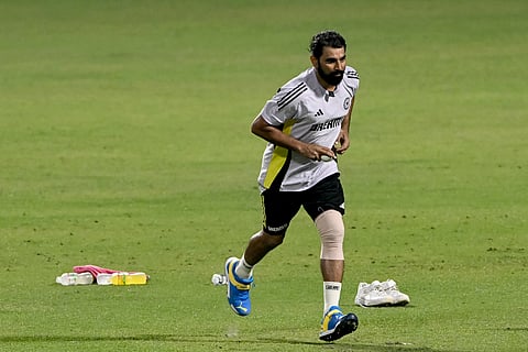 India's Mohammed Shami bowls in the nets during a practice session ahead of their first Twenty20 international cricket match against England at the Eden Gardens in Kolkata on January 19, 2025.