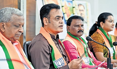 Senior BJP leaders, including former DCM Dr CN Ashwath Narayan, address a press conference on former prime minister Atal Bihari Vajpayee’s centenary celebrations at Jagannath Bhavan in Bengaluru on Wednesday