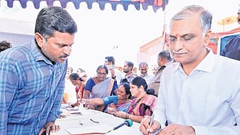 BRS MLA T Harish Rao takes part in a grama sabha in Siddipet on Wednesday