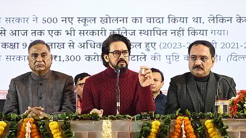 BJP MPs Anurag Thakur, Ramvir Singh Bidhuri, and Manoj Tiwari with Delhi party President Virendra Sachdeva, and party leader Vijender Gupta during the launch of the second part of the partys Sankalp Patra (manifesto) for the upcoming Delhi Assembly elections, in New Delhi.