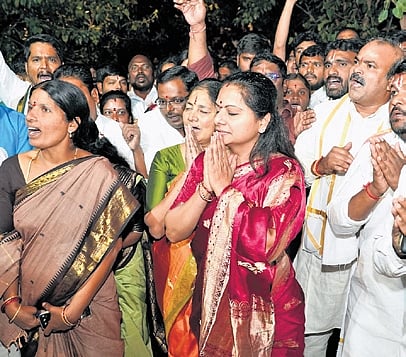 BRS MLC K Kavitha performs the Giri Pradakshina in Yadagirigutta