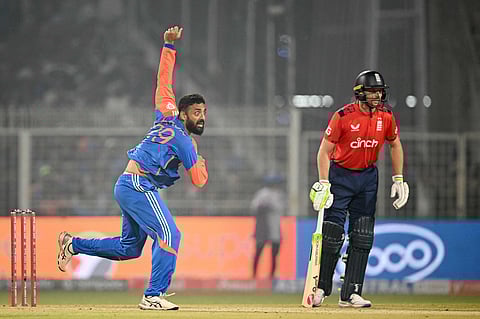 Varun Chakravarthy in action against England in Kolkata on Wednesday