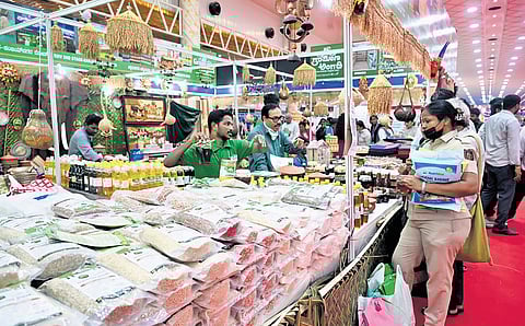 People check out various millet products at the International Trade Fair-Organics and Millets 2025 on Thursday.