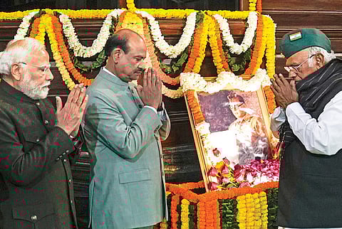 PM Narendra Modi, LS Speaker Om Birla and Congress president Mallikarjun Kharge pay tribute to Netaji at Samvidhan Sadan on Thursday;