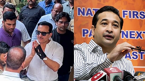 Actor Saif Ali Khan greets as he arrives at his residence after getting discharged from Lilavati Hospital, in Mumbai, (L) Maharashtra minister Nitesh Rane (R)