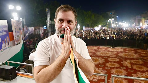 Congress MP & Lok Sabha LoP Rahul Gandhi greets during a public rally ahead of the Delhi Assembly elections at Seelampur in Delhi, Jan.13, 2025.