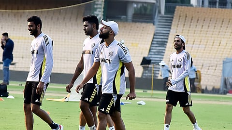 India team during a practice session at the Chepauk ahead of their T20I match against England on Saturday.