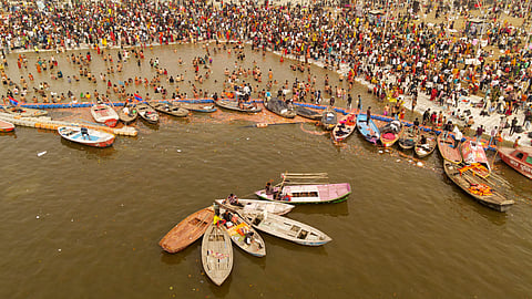 An aerial view of devotees taking a holy dip at Sangam during the ongoing 'Maha Kumbh Mela' festival, in Prayagraj, Uttar Pradesh, Friday, Jan. 24, 2025.