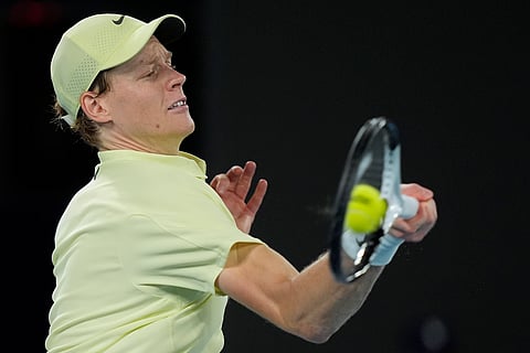 Jannik Sinner of Italy plays a forehand return to Ben Shelton of the U.S. during their semifinal match at the Australian Open (Photo | AP)