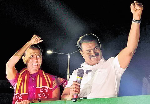 Seeman with NTK candidate during a poll campaign in Erode on Friday