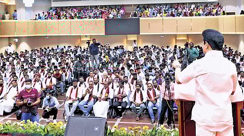 Chief Minister MK Stalin addressing the new joinees of the DMK on Friday