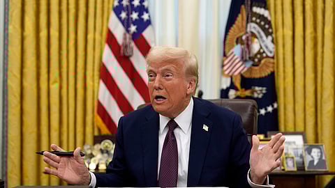 US President Donald Trump speaks to mediapersons from the Oval Office of the White House, Thursday, Jan. 23, 2025, in Washington.