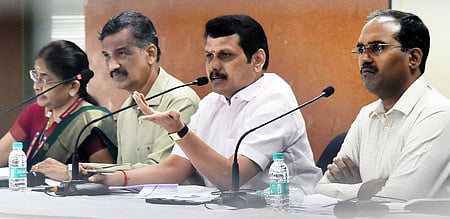 Electricity Minister V Senthilbalaji listens during the review meeting in Chennai 