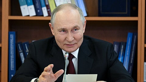 Russian President Vladimir Putin speaks during a meeting of the Board of Trustees of the Lomonosov Moscow State University in Moscow, Russia, Friday, Jan. 24, 2025.