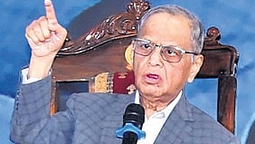Infosys co-founder N R Narayana Murthy interacts with the audience after delivering a lecture at Tumkur University on Saturday