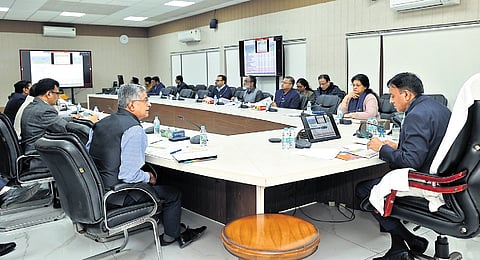 Union Labour Minister Mansukh Mandaviya conducts a virtual review meeting 
with zonal and regional offices of the EPFO in New Delhi on Saturday 