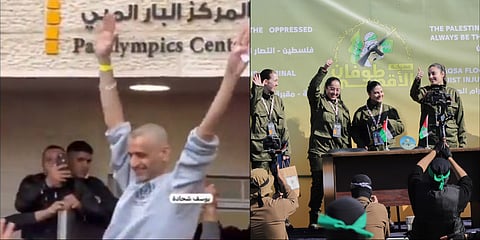Palestinian ex-prisoner Mohammad al-Ardah celebrates after being freed from Israeli jail as part of the ceasefire agreement. (L)
Israeli soldiers freed by Hamas as part of the ceasefire agreement. (R).
