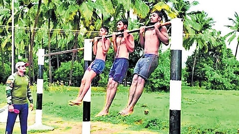 Youths training for an army recruitment parade